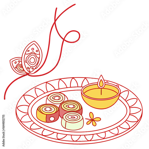 A beautifully illustrated indian festival tray with a lit diya sweets and decorative elements symbolizing celebration and tradition