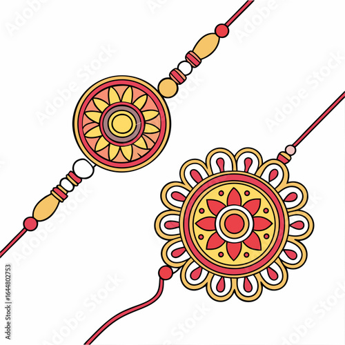 Two colorful rakhi bracelets with intricate floral designs and beads symbolizing the bond between siblings during the hindu festival of raksha bandhan