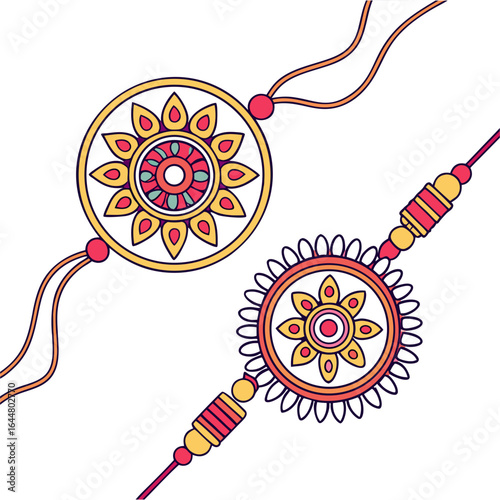 Two colorful decorative rakhi bracelets with intricate floral designs and beads are displayed diagonally on a clean white background celebrating the bond of sibling love and indian tradition