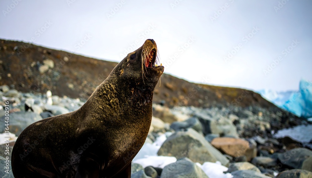 Fototapeta premium Antarctic Fur Seal Roaring on Rocky Shoreline with Iceberg in Background