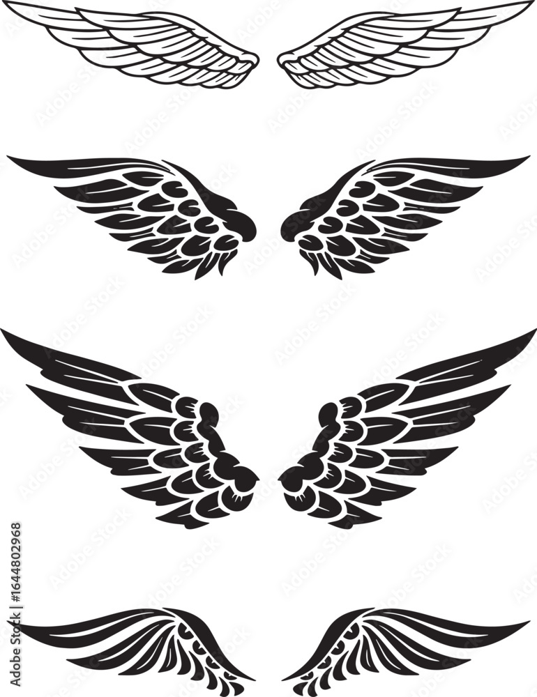 Fototapeta premium Set of various black and white vector wings in different styles.