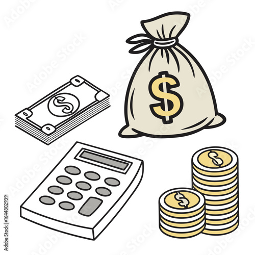 Cartoon illustration of a money bag with a dollar sign a stack of dollar bills a calculator and stacks of coins representing financial concepts and wealth accumulation