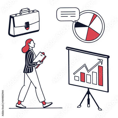 Businesswoman with clipboard walks towards presentation screen showing upward trending bar graph and pie chart with speech bubble symbolizing success and growth
