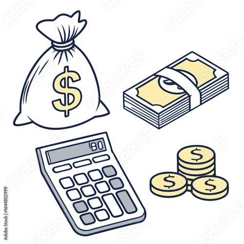 A simple illustration of financial assets including a money bag a stack of cash coins and a calculator representing wealth and financial management