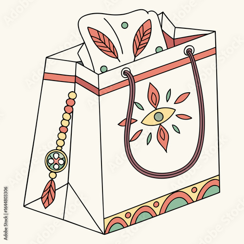 A stylish white shopping bag adorned with a decorative eye motif and a beaded charm filled with patterned tissue paper and feathers