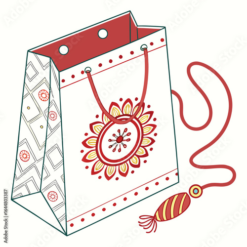 A beautifully decorated white gift bag with red and gold floral patterns and a matching red string with a decorative tassel attached to the handle