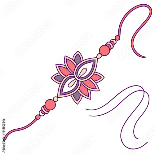 A beautifully designed rakhi with a floral motif in pink and purple adorned with beads symbolizing the bond of sibling love and protection during raksha bandhan celebrations