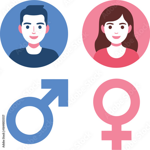 Male and female icons with gender symbols representing equality and diversity