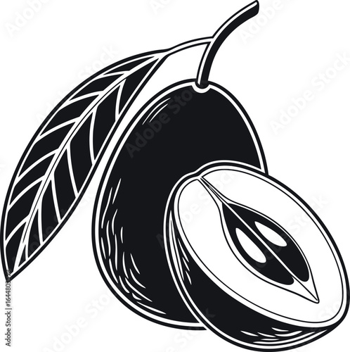 Clean black silhouette of sapodilla fruit on white background