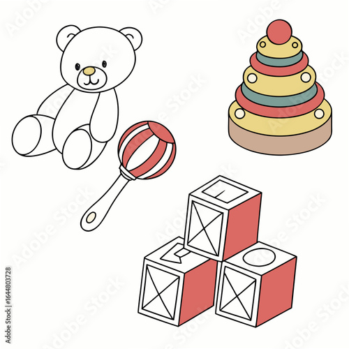 A charming collection of classic baby toys including a teddy bear a stacking ring toy a rattle and building blocks perfect for early childhood development and playful learning