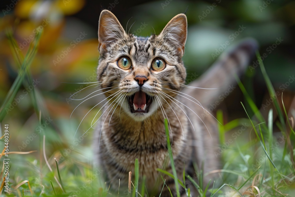 Fototapeta premium A tabby cat looks astonished while sitting among green grass.