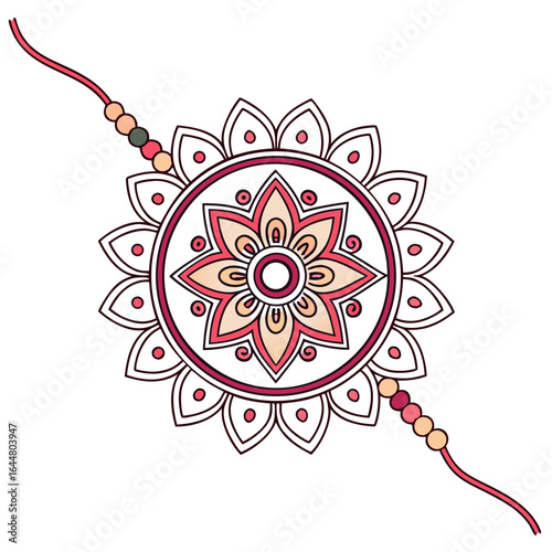 Decorative rakhi with floral mandala design and colorful beads on a white background symbolizing brother sister bond and indian festival celebration