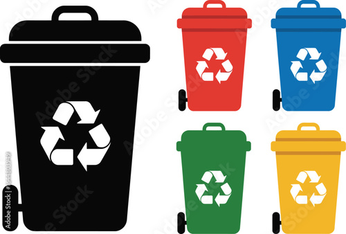 Colorful collection of recycling bins with recycling symbols and a large black bin