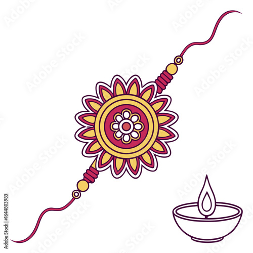 Decorative rakhi bracelet with a traditional indian diya oil lamp symbolizing raksha bandhan festival celebration and sibling love