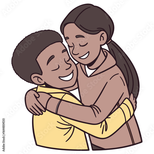 A heartwarming illustration of a young black boy and girl sharing a tender loving embrace with closed eyes and joyful smiles