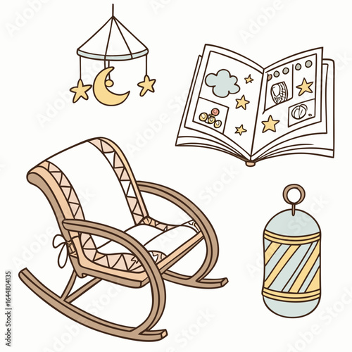 A charming collection of nursery items including a rocking chair a mobile with a moon and stars an open book with illustrations and a decorative lantern