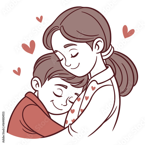 A tender illustration of a mother embracing her son with closed eyes and smiles surrounded by small hearts symbolizing love and affection