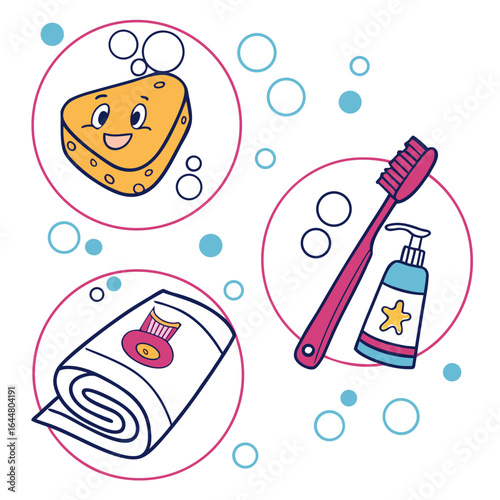 Cute cartoon sponge toothbrush and toothpaste with a rolled towel and bubbles for kids hygiene and bath time fun