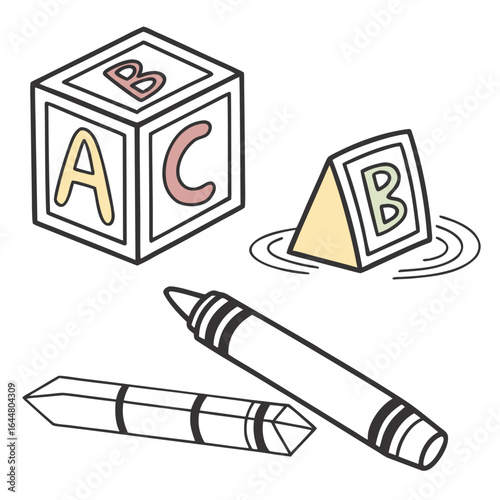 A playful collection of children s learning toys including alphabet blocks with letters a b c and crayons for creative drawing and artistic expression