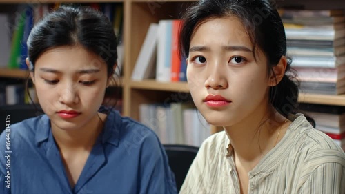Two Korean women sit together in an office and look at each other with sad expressions on their faces