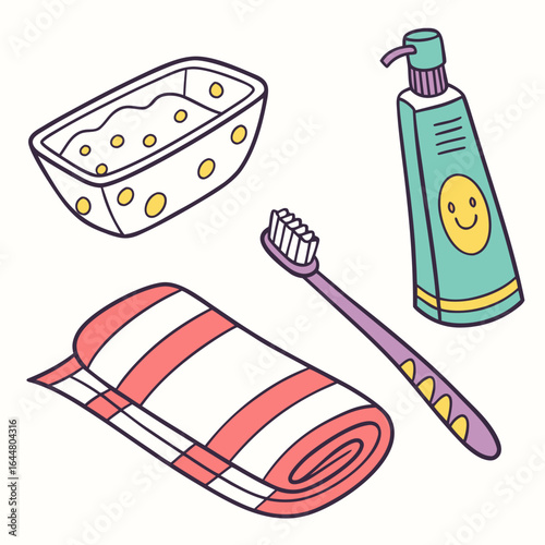 A colorful and cheerful illustration of essential bathroom items including a striped towel a toothbrush a tube of toothpaste with a smiley face and a small tub with bubbles and circles