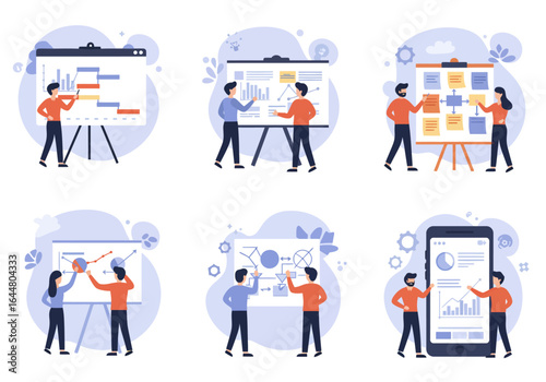 Business people presenting data on flip charts and mobile devices during various stages of a presentation.