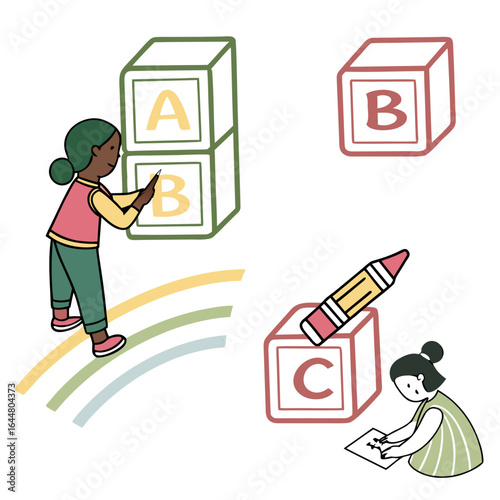 Diverse children engage in learning and creative play with alphabet blocks and crayons symbolizing early childhood education and development