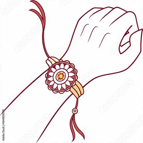 Close up of a stylized illustration of a hand wearing a decorative rakhi bracelet with a floral design and colorful beads celebrating raksha bandhan