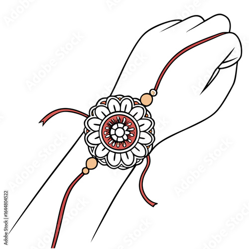 A stylized illustration of a hand wearing a rakhi bracelet with a floral design and beads symbolizing the raksha bandhan festival