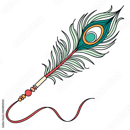 A beautifully illustrated single peacock feather with a decorative beaded handle and a flowing red string isolated on a white background perfect for festive or cultural designs