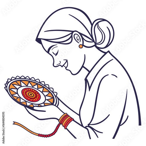 A young woman with a warm smile and a rakhi bracelet on her wrist admires a decorative plate during a festival celebration