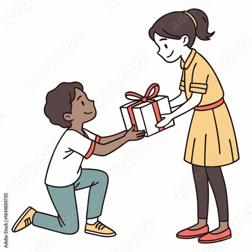 A young boy on his knee presents a gift to a smiling girl who is standing and receiving the present with a ribbon