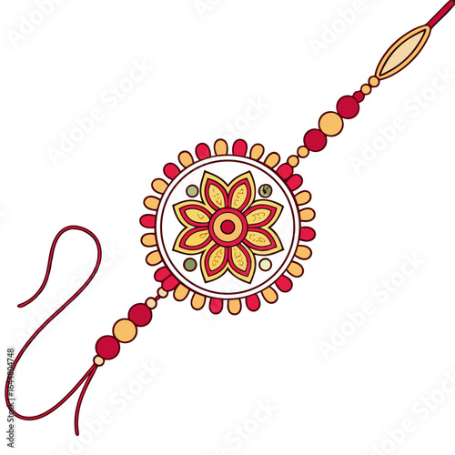 A traditional indian rakhi bracelet with a floral design and colorful beads symbolizing brother sister bond and raksha bandhan celebrations