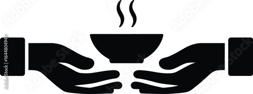 Two open hands holding a steaming bowl of food representing charity and generosity