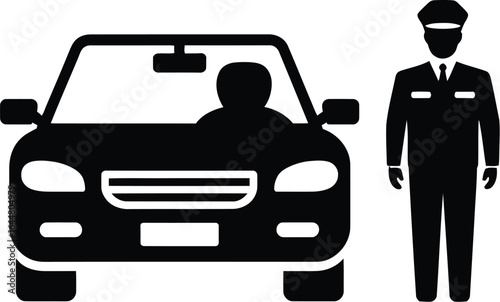 Chauffeur standing next to a car with driver inside ready for service