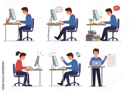 A collection of illustrations showing office workers' posture, distractions, stress, and productivity at their desks.