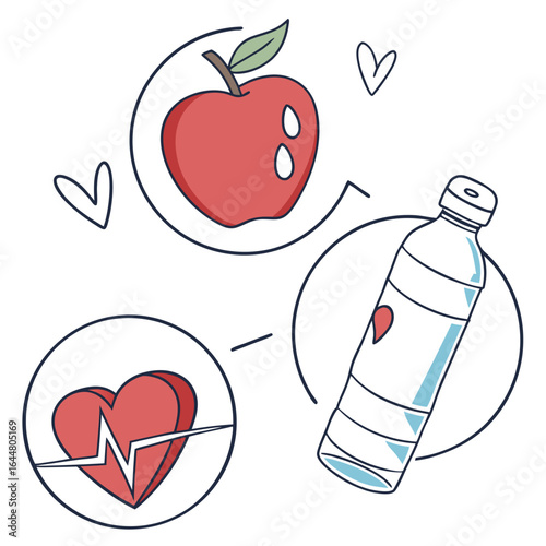 Healthy lifestyle elements including an apple for nutrition a water bottle for hydration and a heart with a heartbeat line for cardiovascular health