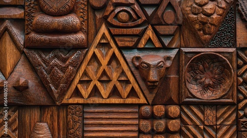 Intricate wooden carvings create a colorful mosaic pattern.