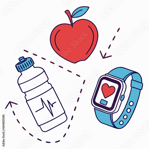 Healthy lifestyle elements including a red apple a water bottle with a heartbeat line and a smartwatch displaying a heart icon arranged with dashed lines and arrows