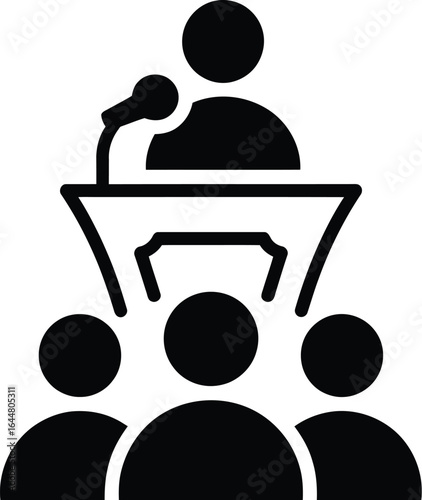 Speaker addressing an audience from a podium with a microphone icon