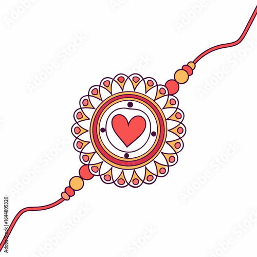 Decorative rakhi with a red heart and intricate patterns symbolizing brother sister love and indian festival celebrations