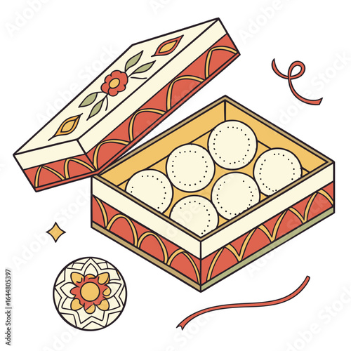 A beautifully decorated gift box filled with round dotted sweets and a decorative rakhi tied with a red ribbon symbolizing indian festive celebrations and traditional gifting