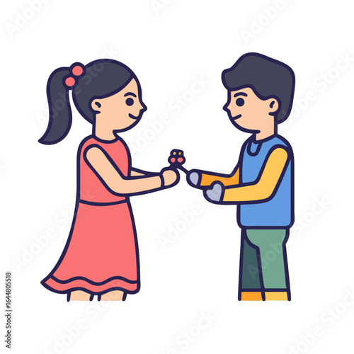 A young boy with dark hair and a blue shirt gives a small flower to a smiling girl with dark hair in a ponytail wearing a pink dress