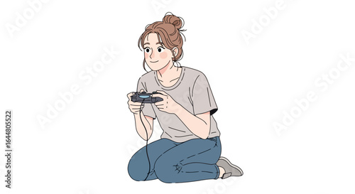 Young Woman Playing Video Games at Home, Illustration for Gaming, Entertainment, or Lifestyle Content, Suitable for Social Media, Blogs, and Advertising