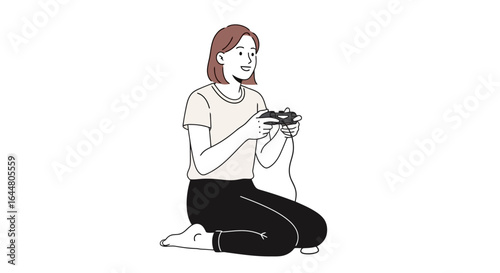 Young woman engrossed in video games at home, showcasing leisure activities, entertainment, and the joy of gaming. Ideal for illustrating articles on hobbies, gaming culture, or relaxing at home.