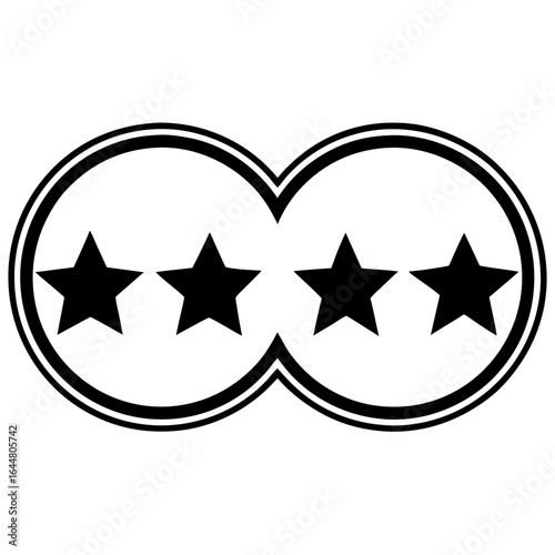Stylized graphic design featuring four black five pointed stars symmetrically arranged within two interconnected circular frames on a white background