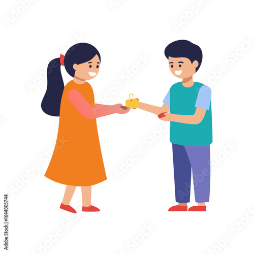 A young girl with dark hair tied in a ponytail gives a small yellow gift box to a young boy wearing a teal shirt and purple pants