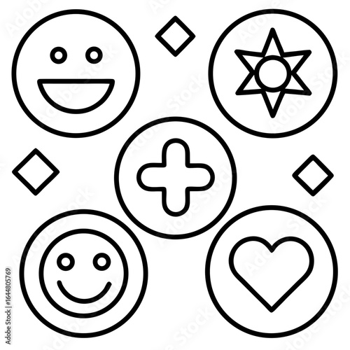 A collection of simple outline icons including happy faces a plus sign a heart and a starburst symbol arranged on a white background with scattered diamond shapes