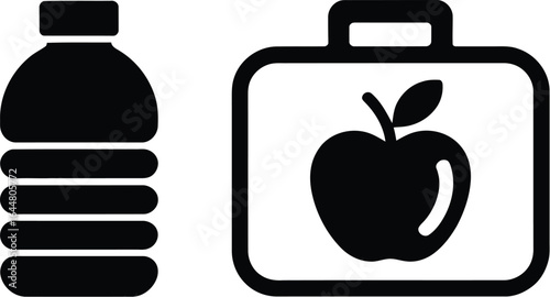 Simple black icon of a water bottle and lunchbox with an apple