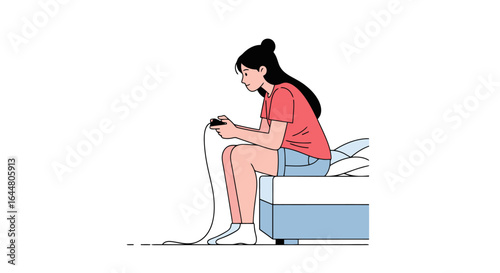 Focused Young Woman Engrossed in Video Gaming, Depicting Modern Leisure and Digital Entertainment for Use in Lifestyle and Technology Illustrations